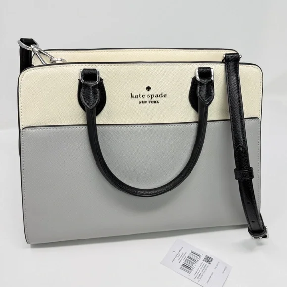 Kate Spade Madison Colorblock Saffiano Medium Satchel Bag Cream/Plat. Gray/Black - Picture 11 of 17